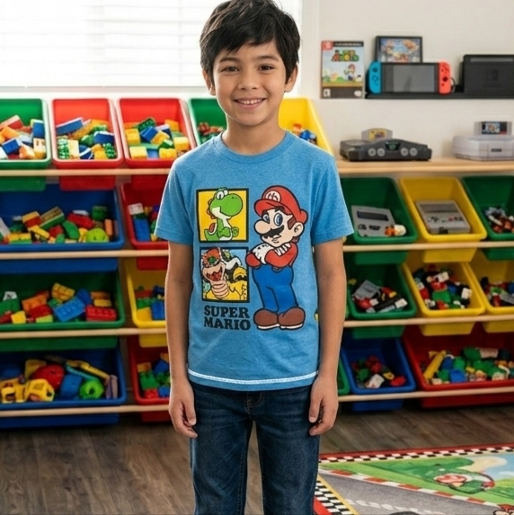 Nintendo Boys' Blue Graphic Tee with Mario & Yoshi Medium